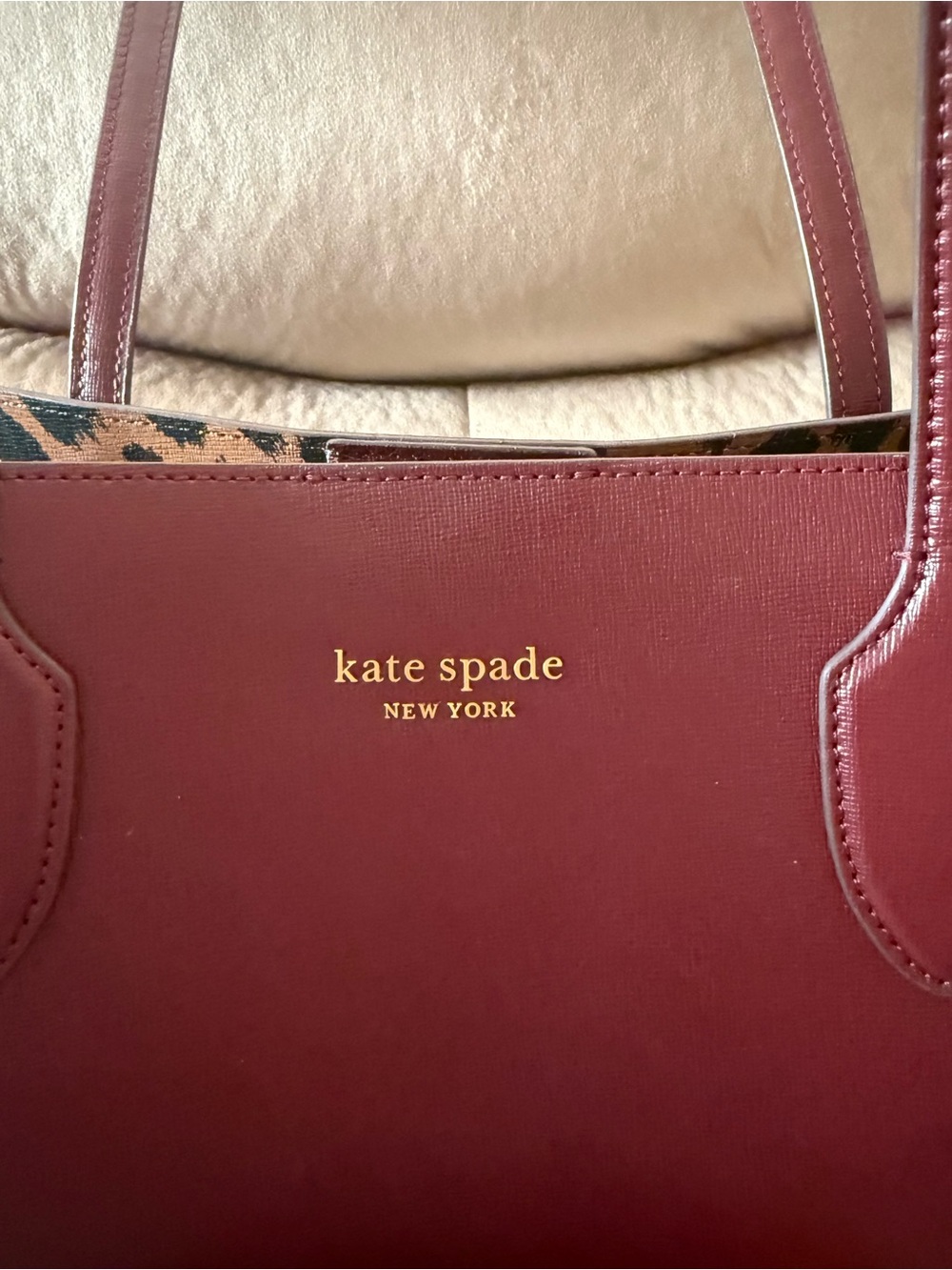 kate spade Burgundy Leather Tote with Leopard Print Wristlet - Picture 3 of 15